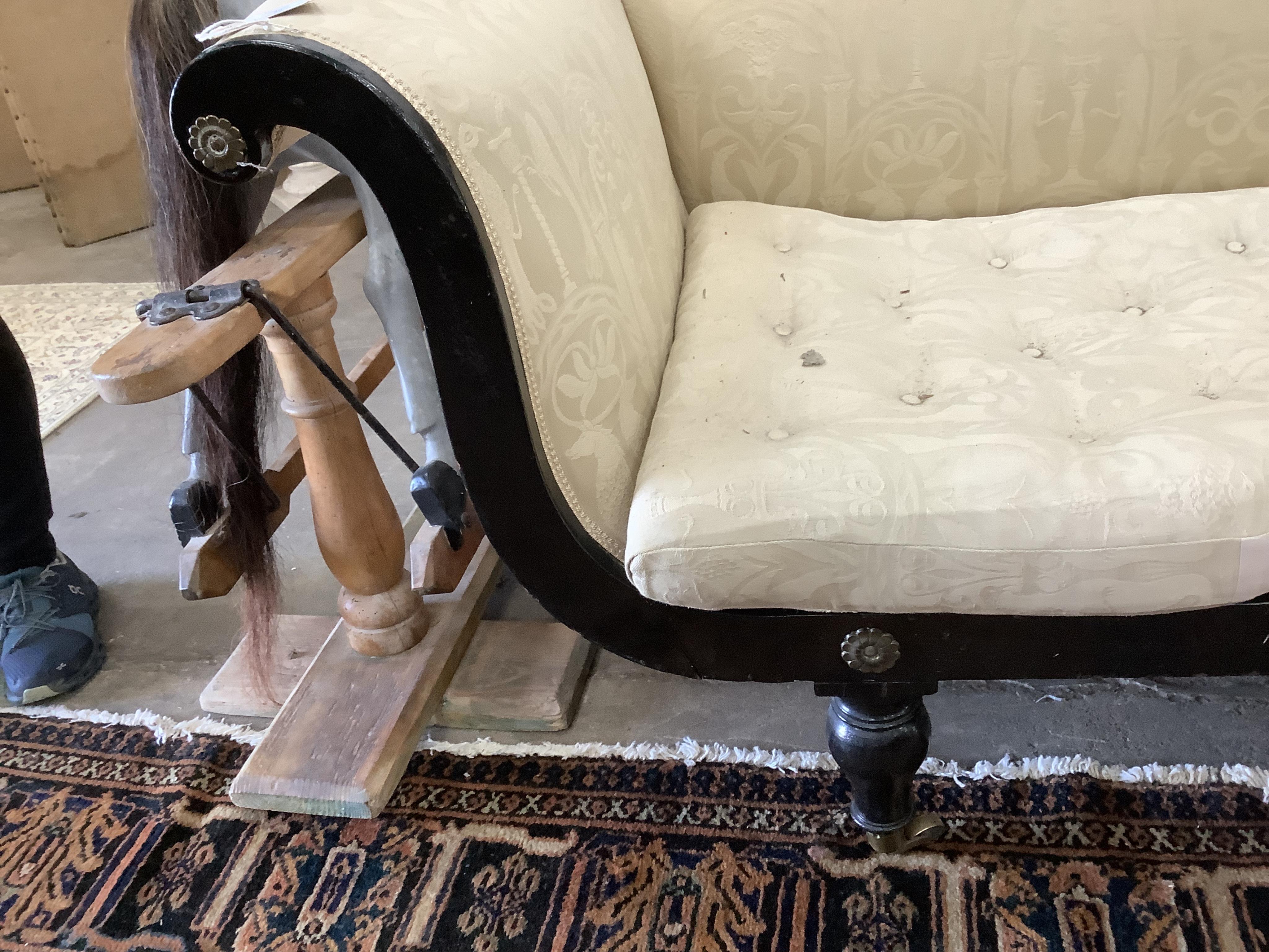 A Regency upholstered chaise longue, later painted, width 184cm, depth 62cm, height 76cm. Condition - fair